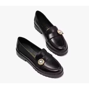 Kate Spade Posh Black Leather Loafers Size 8 NWOB Embellished Jewels Preppy